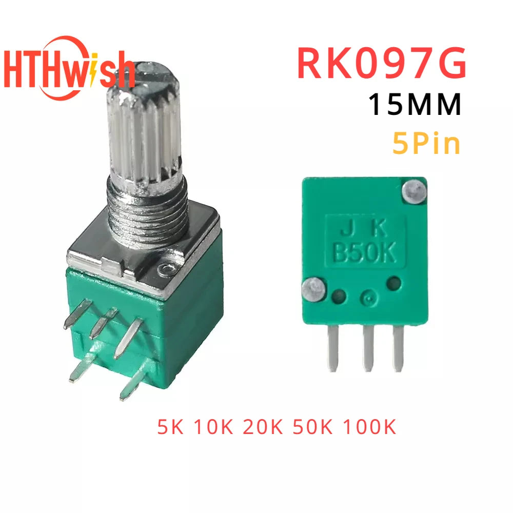 New 5PCS Volume Potentiometer Industrial Switches 5Pin 5K 10K 20K 50K 100K Switch Audio Shaft 15mm Amplifier Sealing RK097G