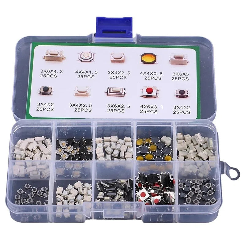 250Pcs 10 Types Car Remote Key Switch Button Kit SMD Tactile Push Switch 44 36 Micro Mini Keys Assortment Pack for Auto Remote C