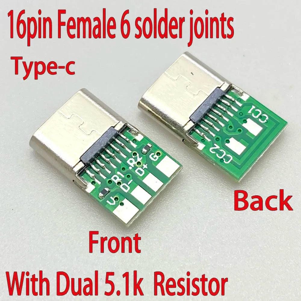USB Type C Female Connectors Jack With Dual 5.1K Resistors 16pin USB Electric Terminals Welding DIY Data Cable Support PCB Board