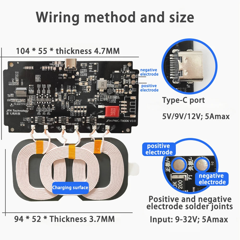 20W 22W Car Wireless Charging Mobile Phone Wireless Charger Module with Three Coil Transmission End 24V 12V Wide Voltage