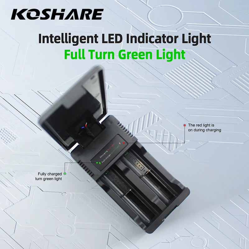 KOSHARE 2 Slot LED Display Battery Charger Type-C Input For 26650/21700/18650/18500/16340/14500 Lithium Rechargeable Batteries