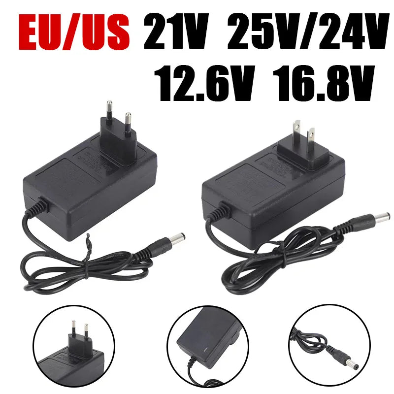 12.6V 16.8V 24V 25V 18650 Lithium Battery Charger For 21V1A 2A Screwdriver WrenchLi-ion Battery Pack DC 5.5mm* 2.1mm 2.5mm Input