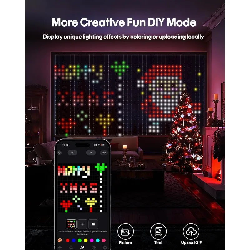 Smart Curtain Lights 256/400 LEDs Color Changing Dynamic DIY RGB IC String Lights with Remote & App Control for Bedroom Living Room Holiday Indoor Backdrop Decor