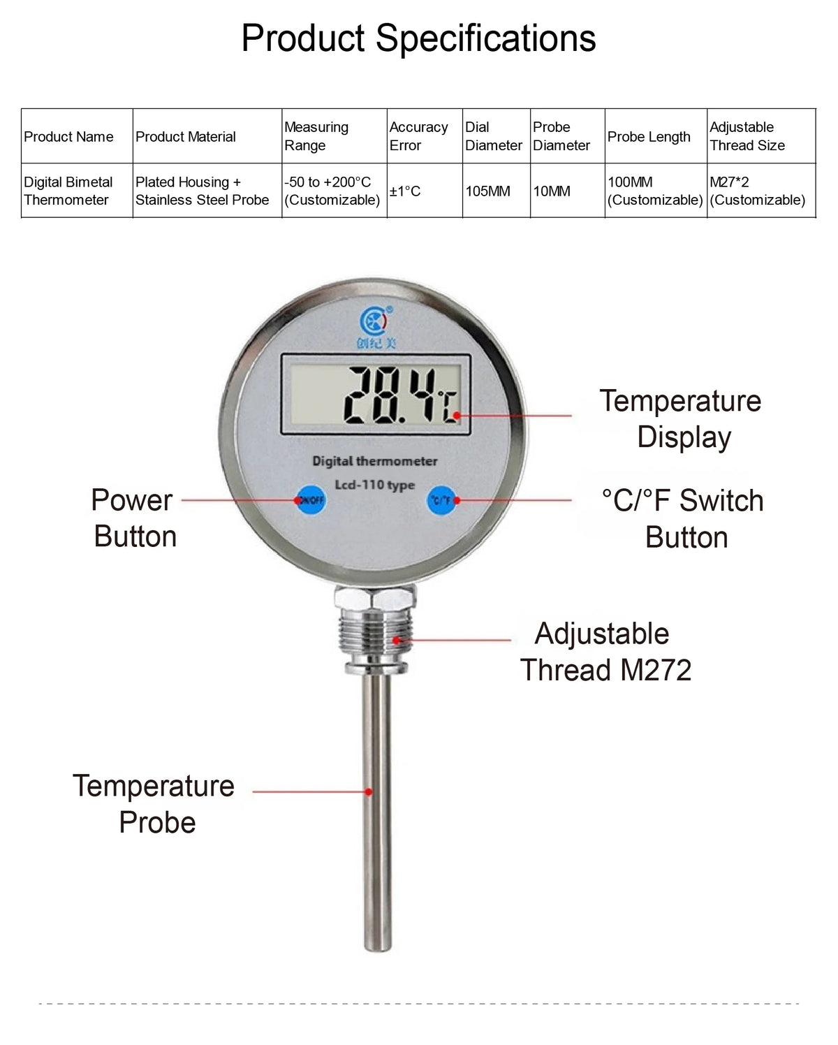 Digital Bimetal Thermometer LCD‑110 Stainless Steel Probe High Precision Water Temp Gauge Axial/Radial Mount IP65