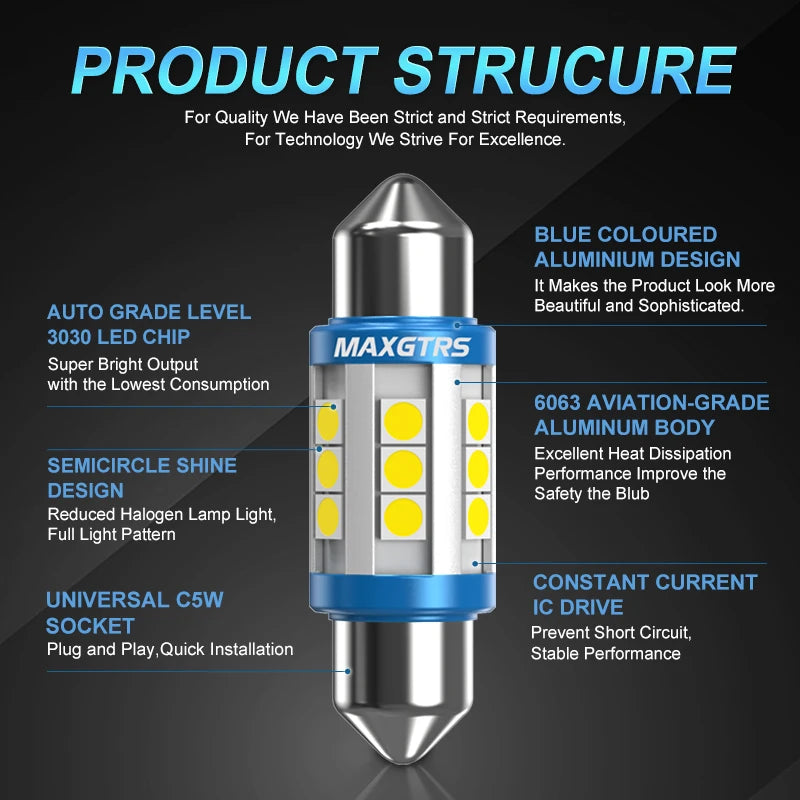 2x Festoon C5W C10W 3030 Chip Bulb Canbus 31mm/36mm/39mm/41mm Car LED Lamp Interior Dome Reading License Plate Lights 6000K
