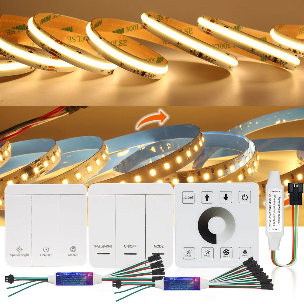WS2811 Horse Race Running Water Led Strip 24V COB 360LEDs/M SMD 120LEDs/M Touch Controller Sync Controller 1to4 1to8 Sequential
