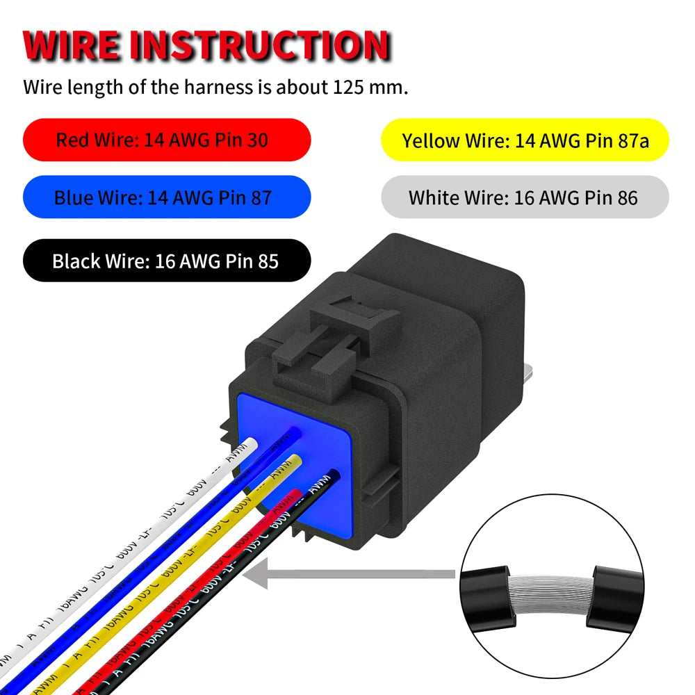 12V Relay with Harness Waterproof Relay 12V 30/40 AMP 5 Pin SPDT 14 AWG DC 12 Volt Relay Socket Kit Bosch Style for Automotive