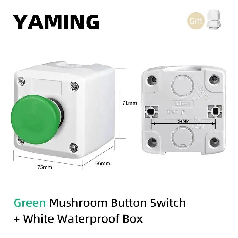 1P One-Hole Momentary Self-Reset Push Button Switch Start/Stop Round Flat Green Mushroom Head Control Box 22mm