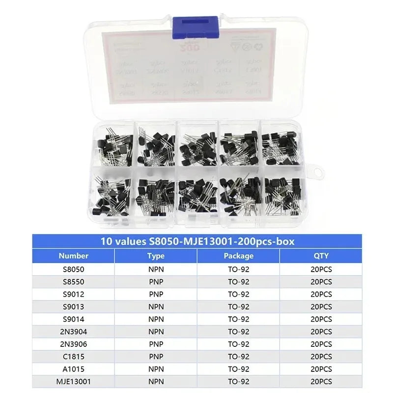 Transistor Assortment Kit TO92 PNP/NPN A1015 BC327 BC337 C1815 S8850 2N2222 2N2907 2N3904 2N3906 for Electronics DIY Repair