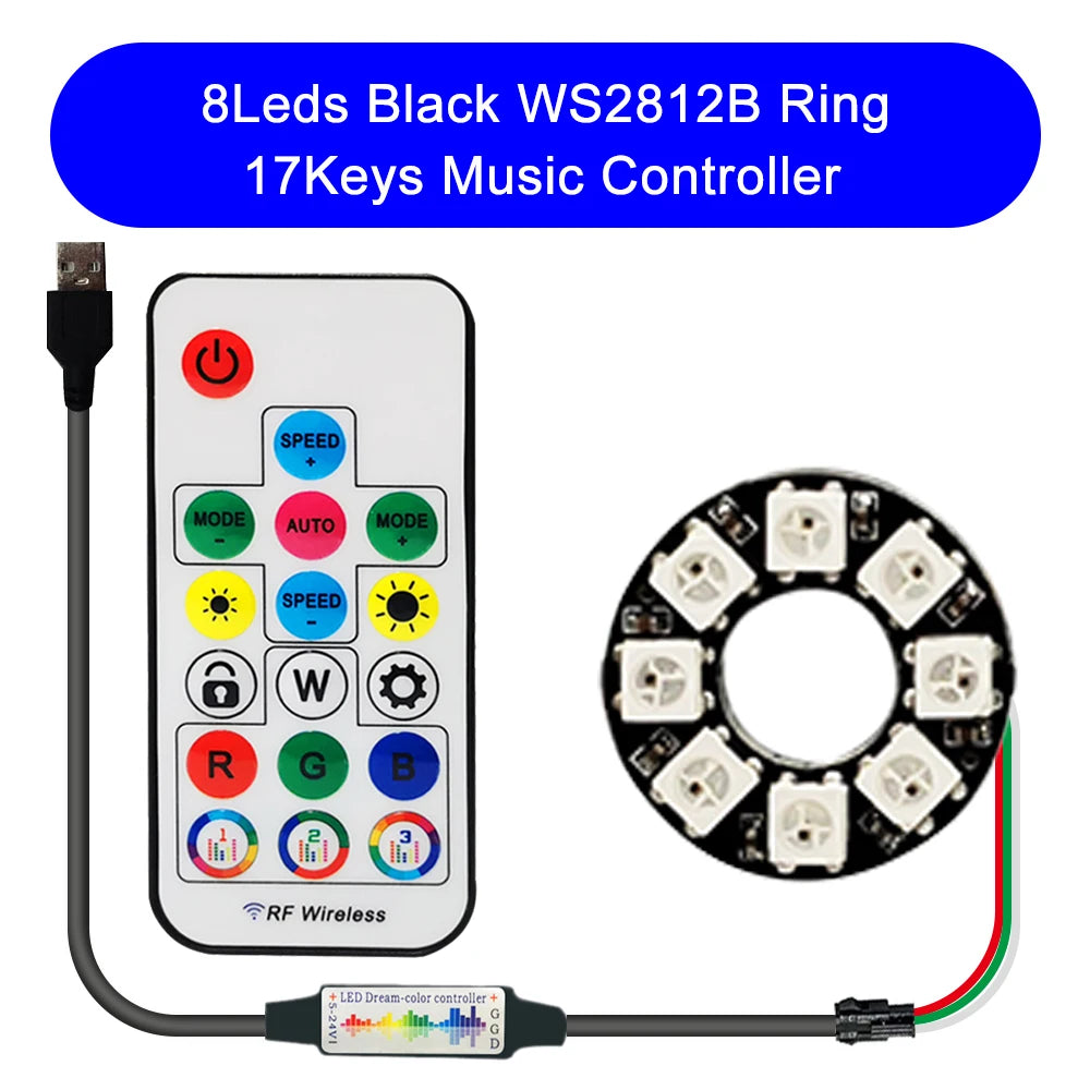 DC5V WS2812B DIY LED Ring 8 to 241 Pixels 5050 RGB Individually Addressable WS2812 Round Modules With 17Keys Music RF Controller