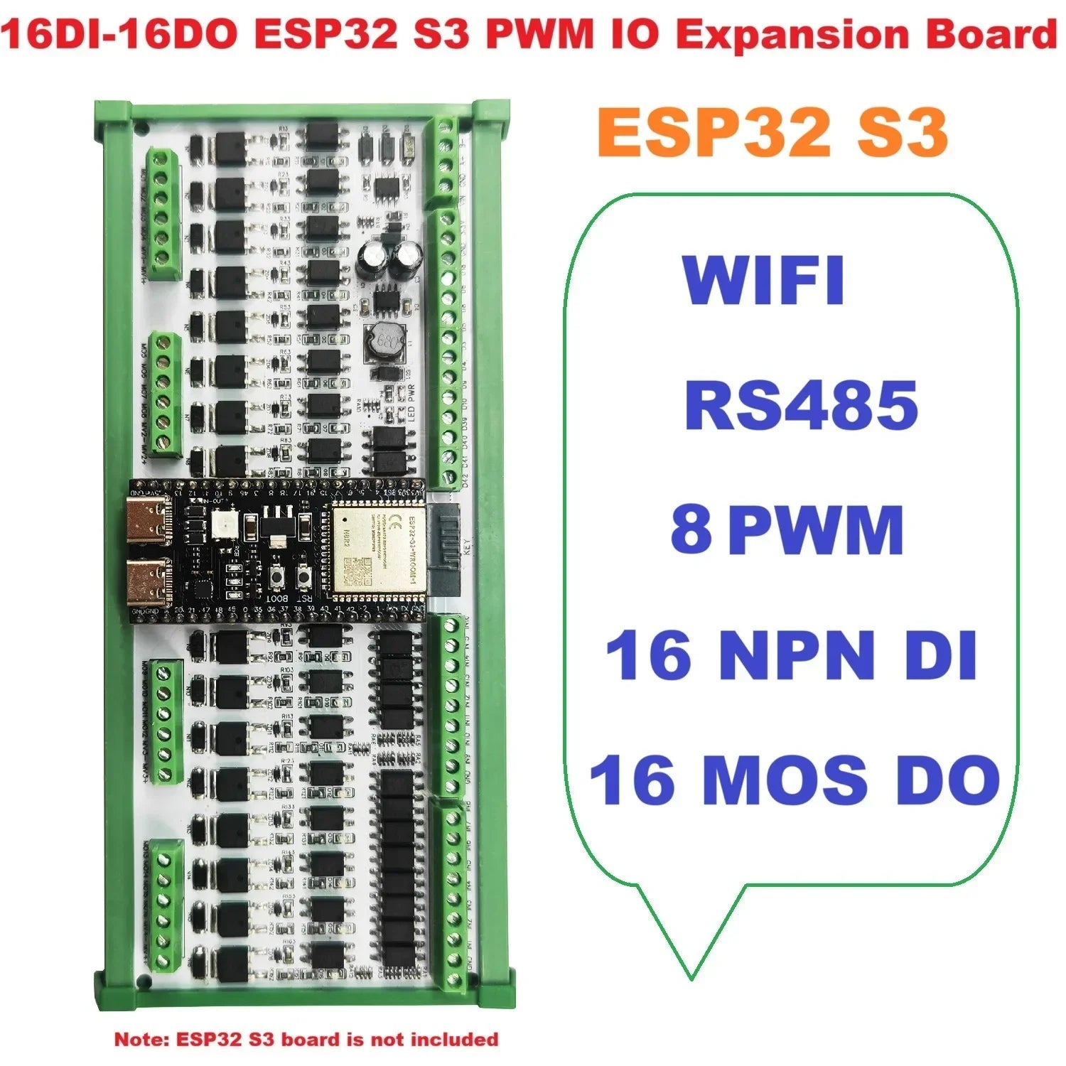 DC7-30V ESP32 Expansion Board 16CH Opto Isolated NPN Input 16CH 3A MOS PWM Output RS485 DIN Rail Optional Controller