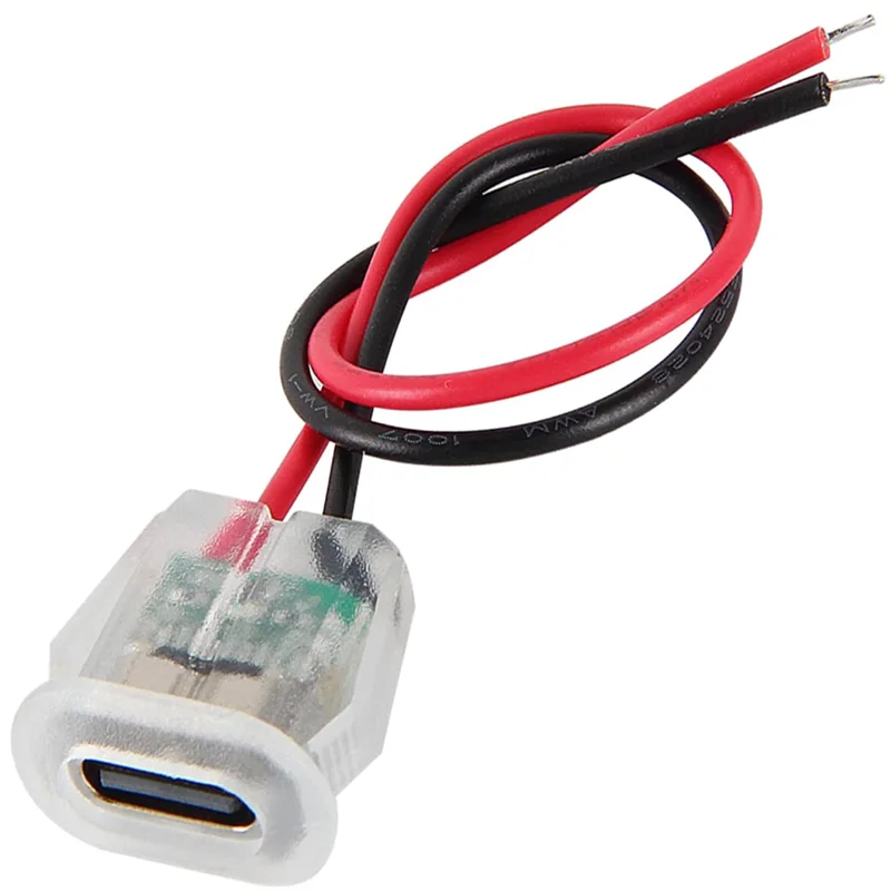 5/10pcs Type-C Female 2P Wire Type USB Connector Pigtail Cable Extension Power Cable Open End Connector Transparent with Light