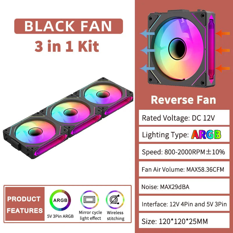 Coolcirc ARGB Infinity Mirror PC Case Fan - 3-Pack 120mm Free Wire-Splicing Cooling Fan with PWM Silent Fan for Computer Case