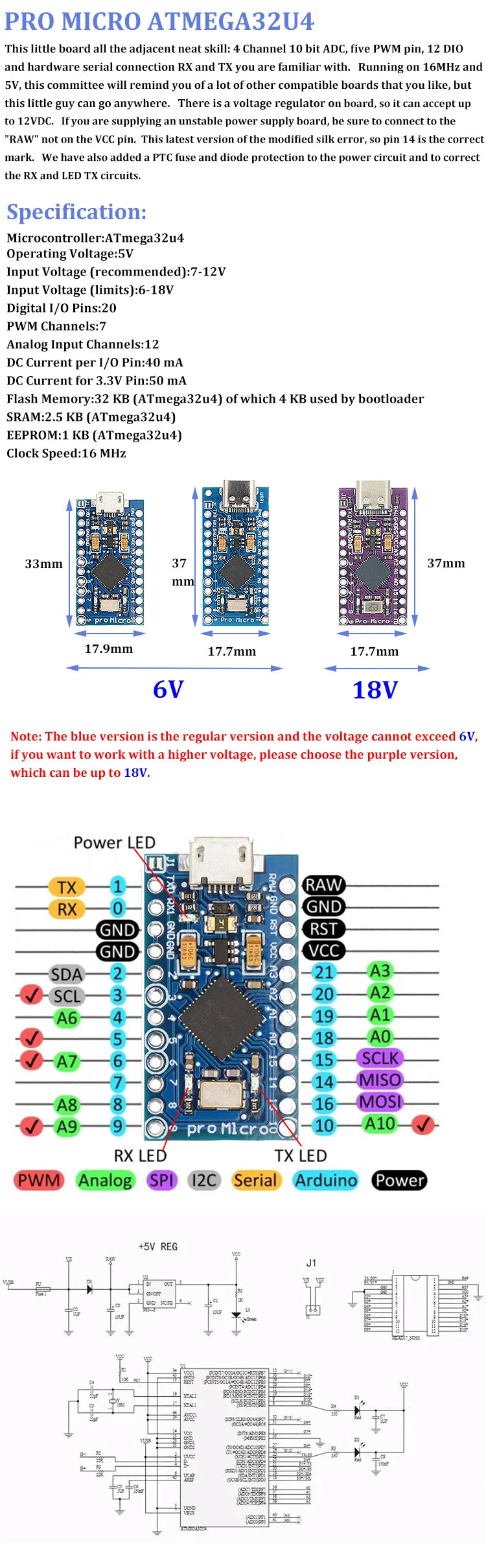 Pro Micro With The Bootloader ATmega32U4 5V/16MHz Module Controller Mega32U4 Leonardo