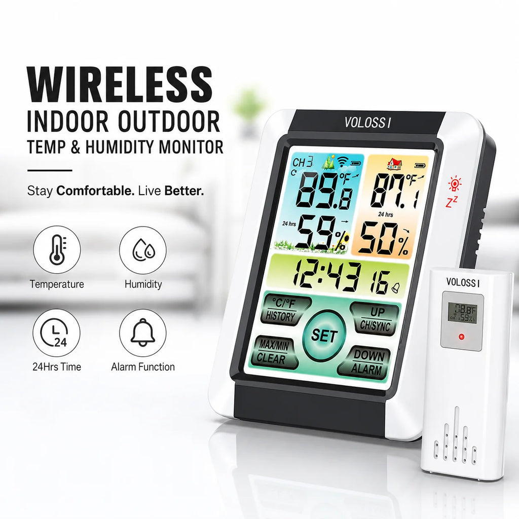 Wireless Indoor Outdoor Weather Station Digital Thermometer Hygrometer, 433MHz Remote Sensor, 328ft Range, Color LCD, Max/Min