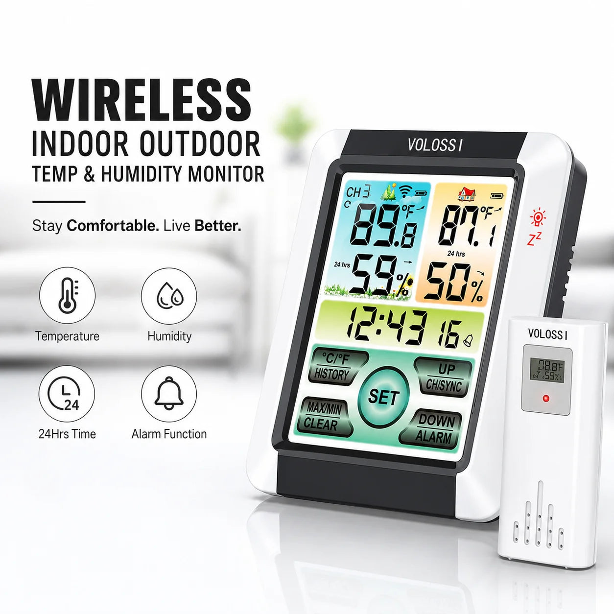 Wireless Indoor Outdoor Weather Station Digital Thermometer Hygrometer, 433MHz Remote Sensor, 328ft Range, Color LCD, Max/Min
