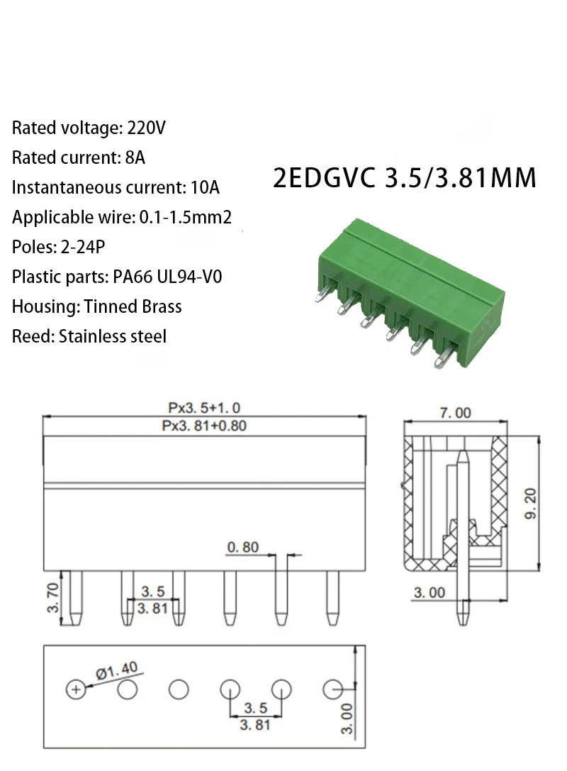 10PCS/Pairs 2EDG 15EDG 3.5MM 3.81MM  PCB Screw Terminal Block Connector Pulg  Header Socket  Green Phoenix Terminal Block 2-24P