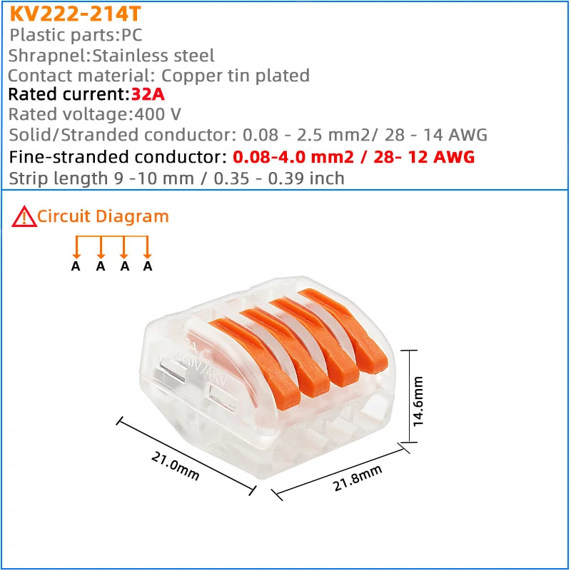 Compact Quick Plug-in Terminal for Cable Connectors, 30/50/100 Piece Terminal Orange Home Wiring Module Paralleling Device