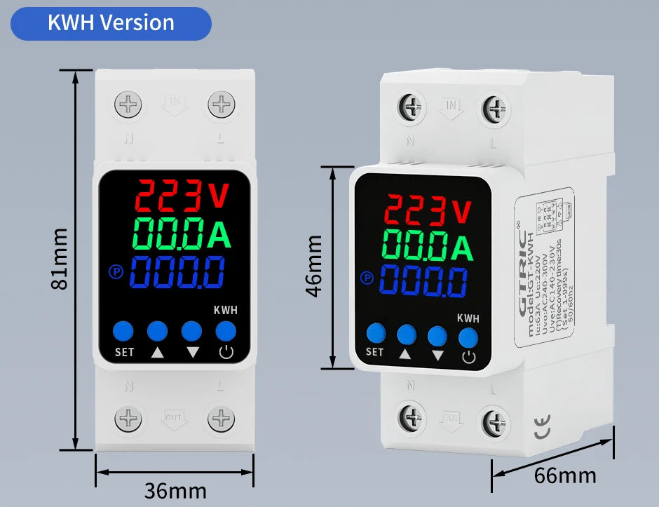 GTRIC Voltage Protection Relay Din Rail Over Under Voltage Protector 230VAC 40A 63A Adjustable Voltage Current Protection Device
