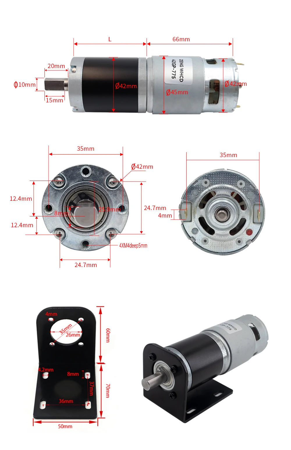 42GP-775 Planetary Gear Reduced DC Motor, 12V/24V, 10mm Output Shaft All-Metal Gears Torque up to 253KG Reversible Brushed Motor