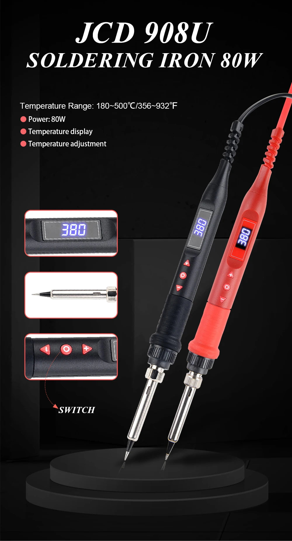 JCD 908U Soldering Iron Kit LCD Display 80W Intelligent Switch Adjustable Temperature Portable Soldering Iron 220V/110V Welding