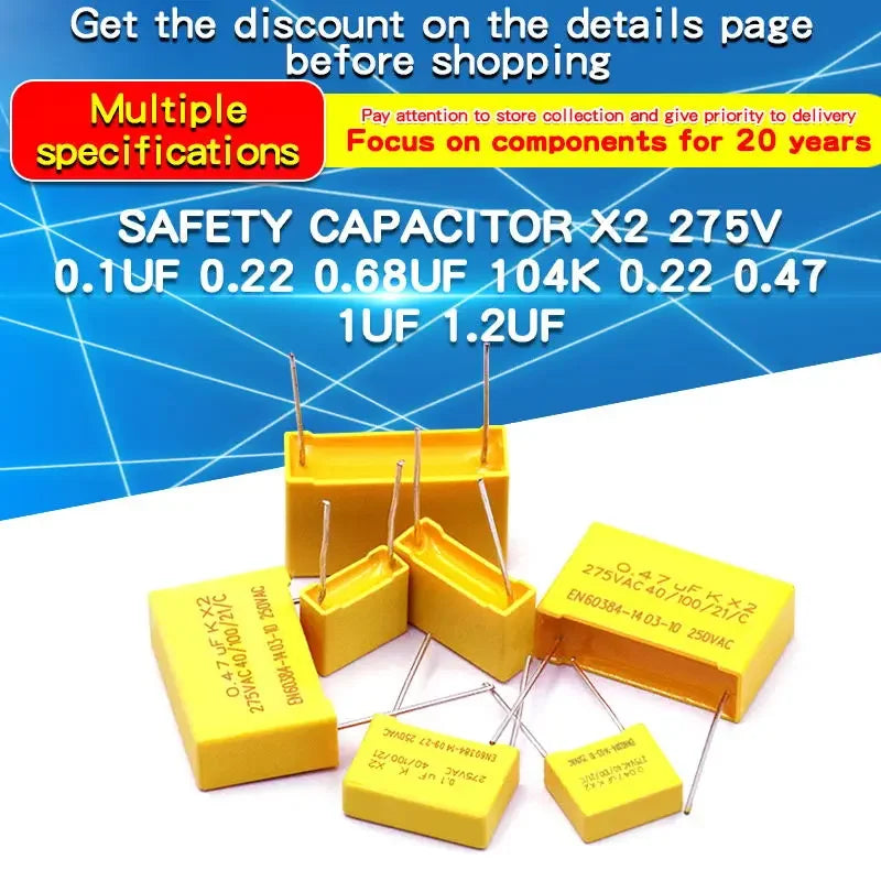 10pcs 275VAC X2 Safety Capacitor 275V 10mm 15mm 22.5mm 27.5mm 0.022UF 0.047UF 0.1UF 0.22UF 0.47UF 0.68UF 1UF Polypropylene Film