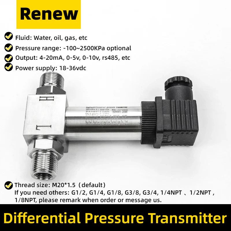 4-20mA  Water Differential Pressure Transmitter Sensor 0-0.05Mpa Full Stainless Steel G 1/2"