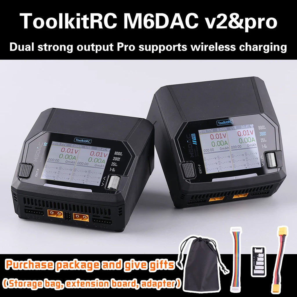 ToolkitRC M6DAC PRO V2 Dual Channel Smart Lipo Battery Charger Discharger AC 200W DC 800W 16A for 1-6S LiHV LiPo PD65W FPV Drone
