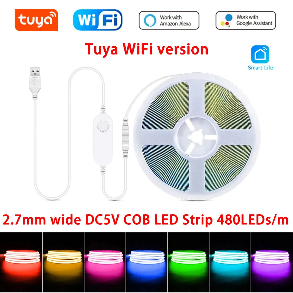 5V USB Tuya WiFi Tuya Zigbee 3mm 4mm Ultra Thin COB LED Strip Lights for Home Decor DIY Blue/Pink/Purple High Density LED Tape