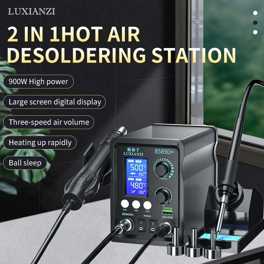 LUXIANZI 8589D+ 2 IN 1 Hot Air Gun Soldering Station With LED Digital Display For BGA PCB IC Repair Tool SMD Rework Station