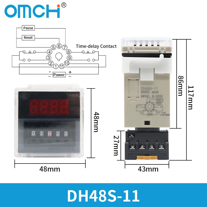 OMCH DH48S-S SPDT Timer Relay with Base DC12V/24V AC110V/220V Models DH48S-1Z/2Z DH48S-11 DH48S-S-2Z for Electrical Engineering