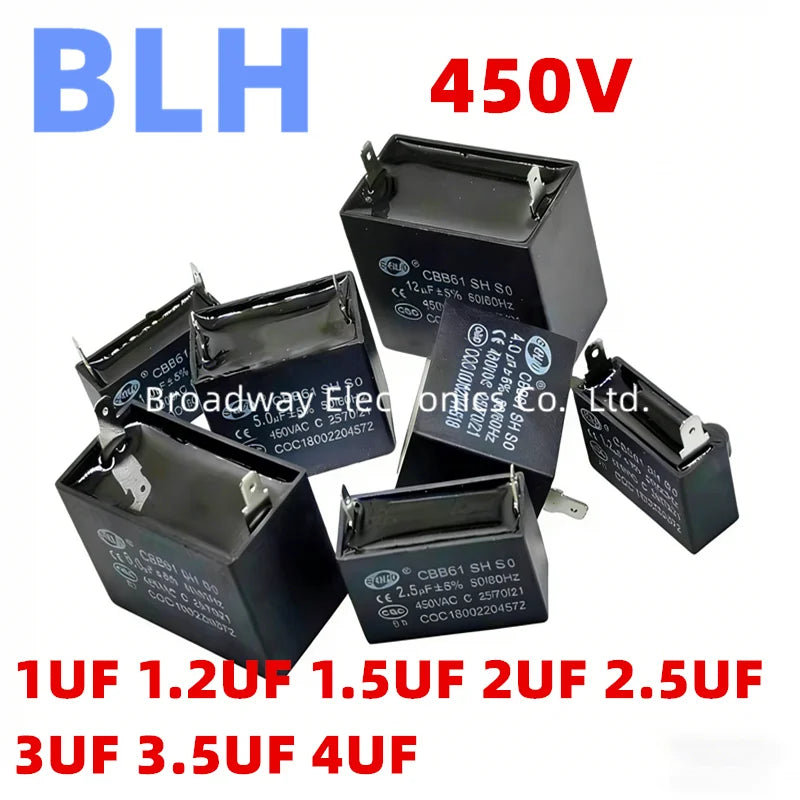 CBB61 fan air conditioner plug-in starting capacitor 450V 1UF 1.2UF 1.5UF 2U 2UF 2.5UF 3U 3UF 3.5U 3.5UF 4U 4UF two plug-in pins