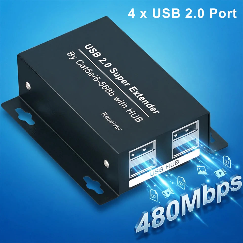 ProAV USB 2.0 Extender 60M Over CAT6 RJ45 Cable 4 Port USB HUB Extension By Ethernet for Webcam Camera Printer Keyboard Mouse