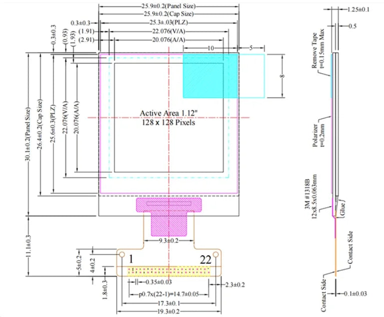 1.12 inch OLED Display LCD Screen Module 1.12'' SH1107 Driver IC I2C SPI Serial Port 128x128 Dot Matrix White Bare 22PIN/20PIN