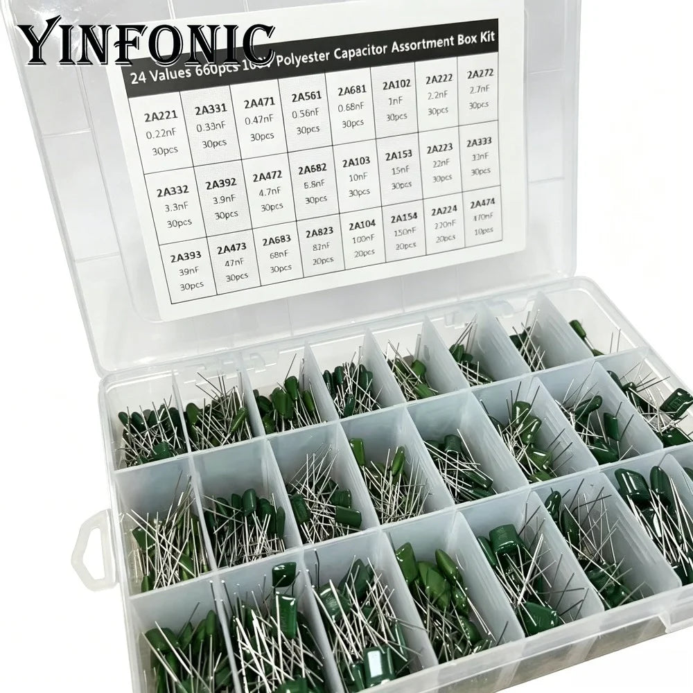 24Value 660pcs Mylar capacitor kit 100V 2A221J to 2A474J 10nF 100nF 0.1uF 1uF Polyester Film capacitor Assorted Kit