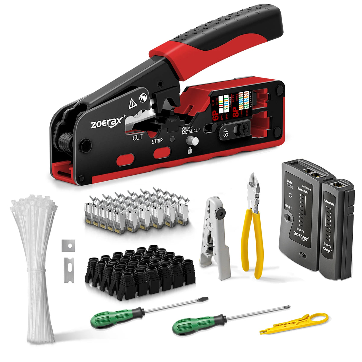 ZOERAX RJ45 Ethernet Crimping Tool for CAT8 Cat7 Cat6a Cat6 Cat5e Ethernet Connectors with wire stripping and cutting functions
