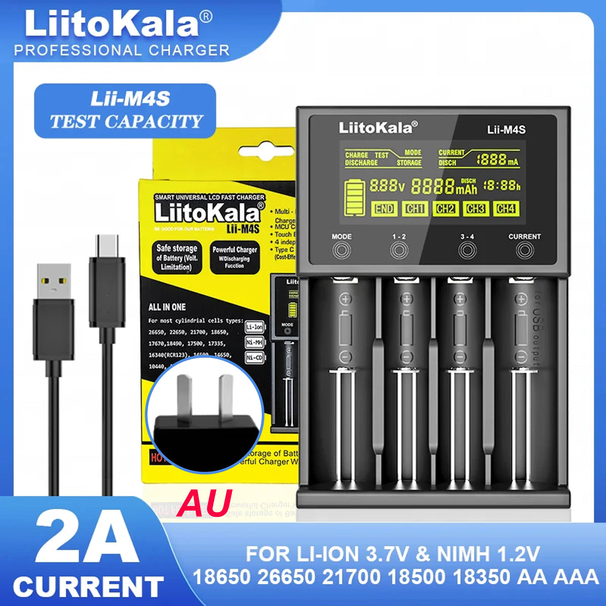 LiitoKala Lii-M4S 5V EU AU UK US Plug Battery Charger For 3.7V 18650 26650 21700 14500 18350 17500 1.2V AA AAA A C