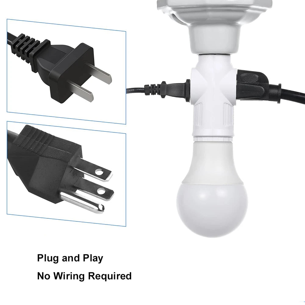 E26 E27 LED Bulb Base to US 2/3Prong Splitter Convert Polary Light Socket Switch AC Plug Garage Porch CCTV Camera Outlet Adapter
