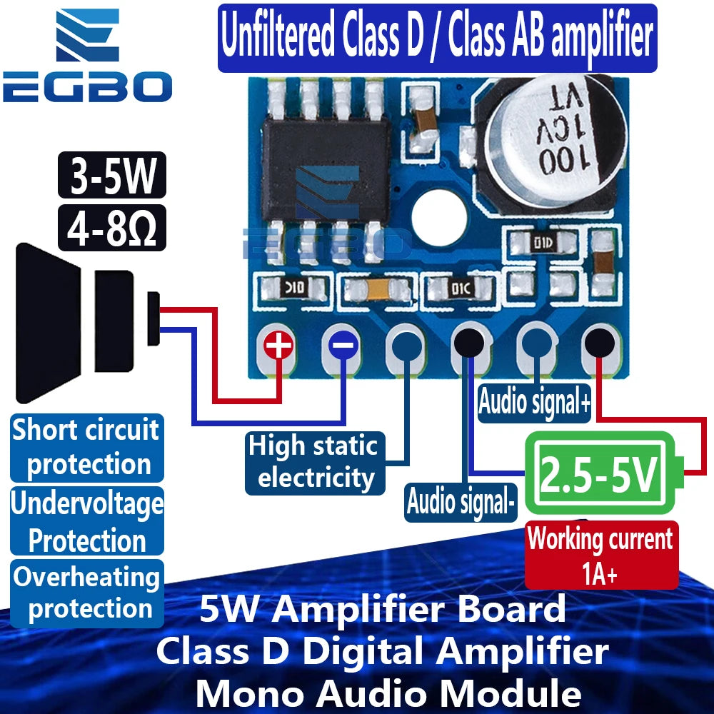 1~5PCS EGBO 5V 5128 Amplifier Board 5W Class D Digital Amplifier Board Mono Audio Module