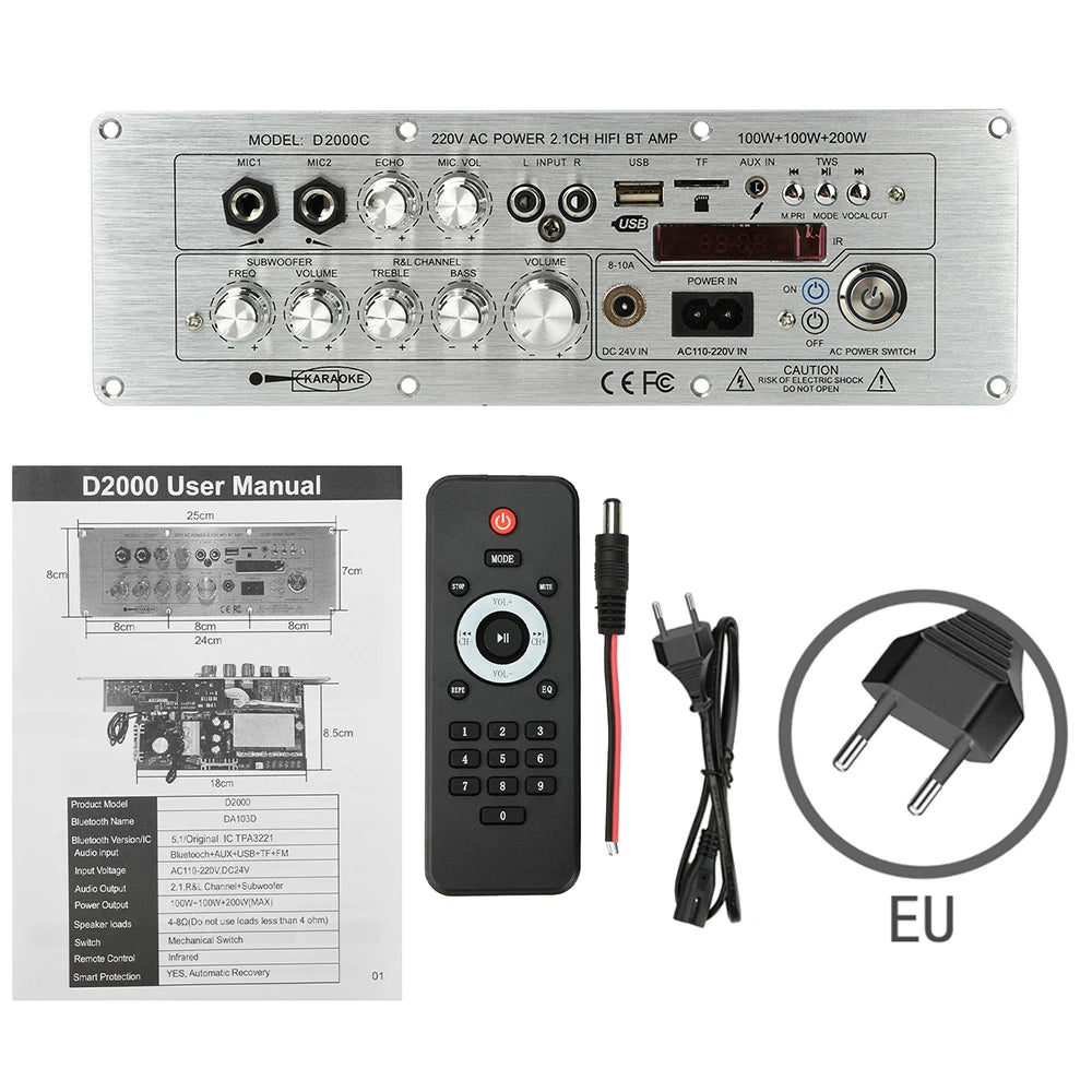 D2000 Digital Bluetooth Amplifier Board 2.1-Channel Bluetooth Audio Decoder 100W + 100W + 200W High-Power Output Subwoofer