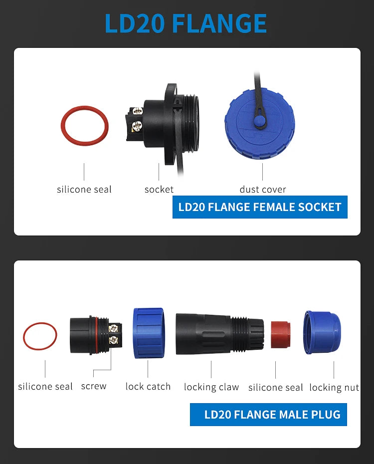 Waterproof IP68 Aviation Plug LD20-2/3/4/5/6/7 Pin No-welding Screw crimp Wire cable Connector Male Plug and Female Socket