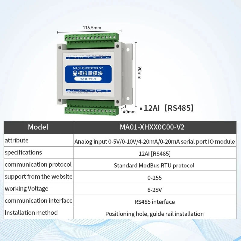 ModBus RTU Serial IO 1/2/4/6/8/10/12-Channel Analog Input Module RS485 CDSENET MA01-XHXX Rail Installation 8~28VDC Watchdog