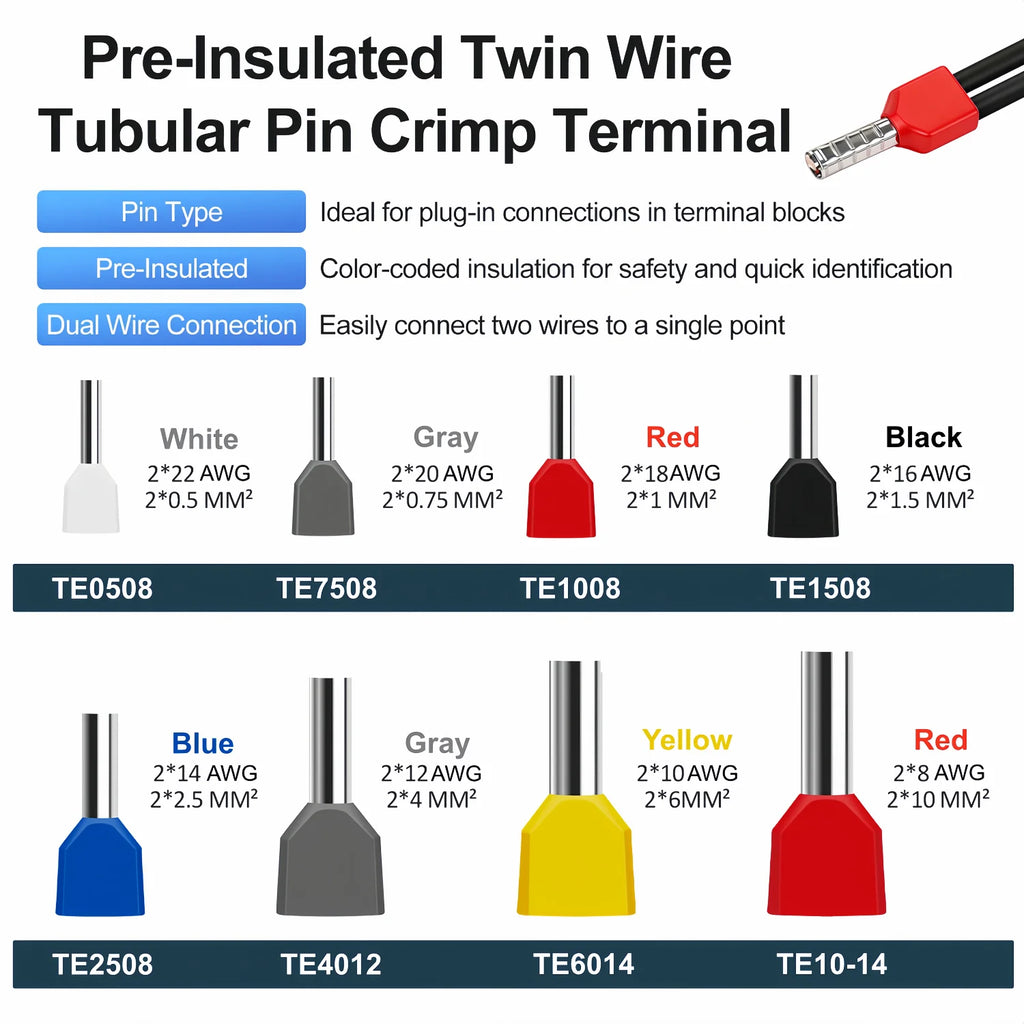 100/700pcs TE Double Wire Tube PVC Insulated Terminal Crimping End Cold Wire Connector Electrical Ferrules Tubular, Double Wire