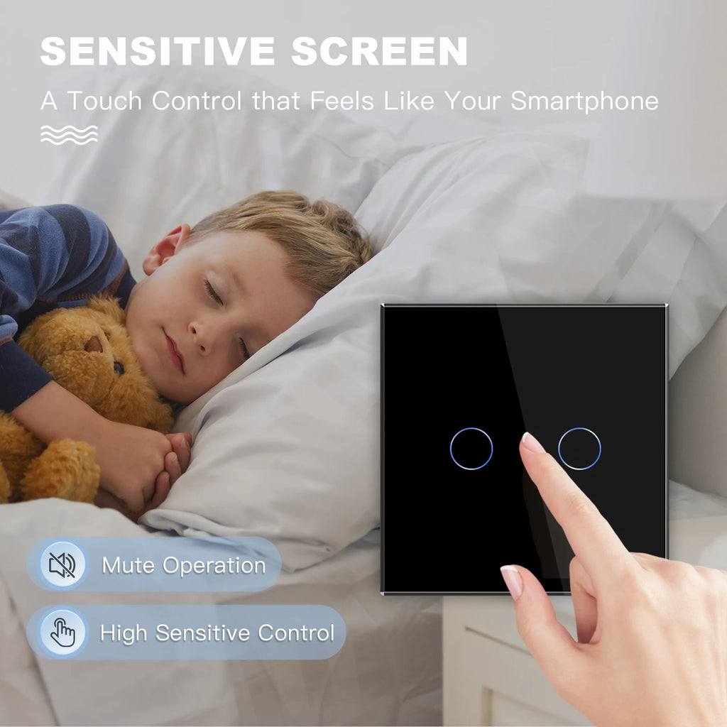 BSEED EU Standard 1/2/3Gang 2Way Wall Touch Switch Light Sensor Switches Wall Socket USB Type-C Crystal Glass Panel 240V Black