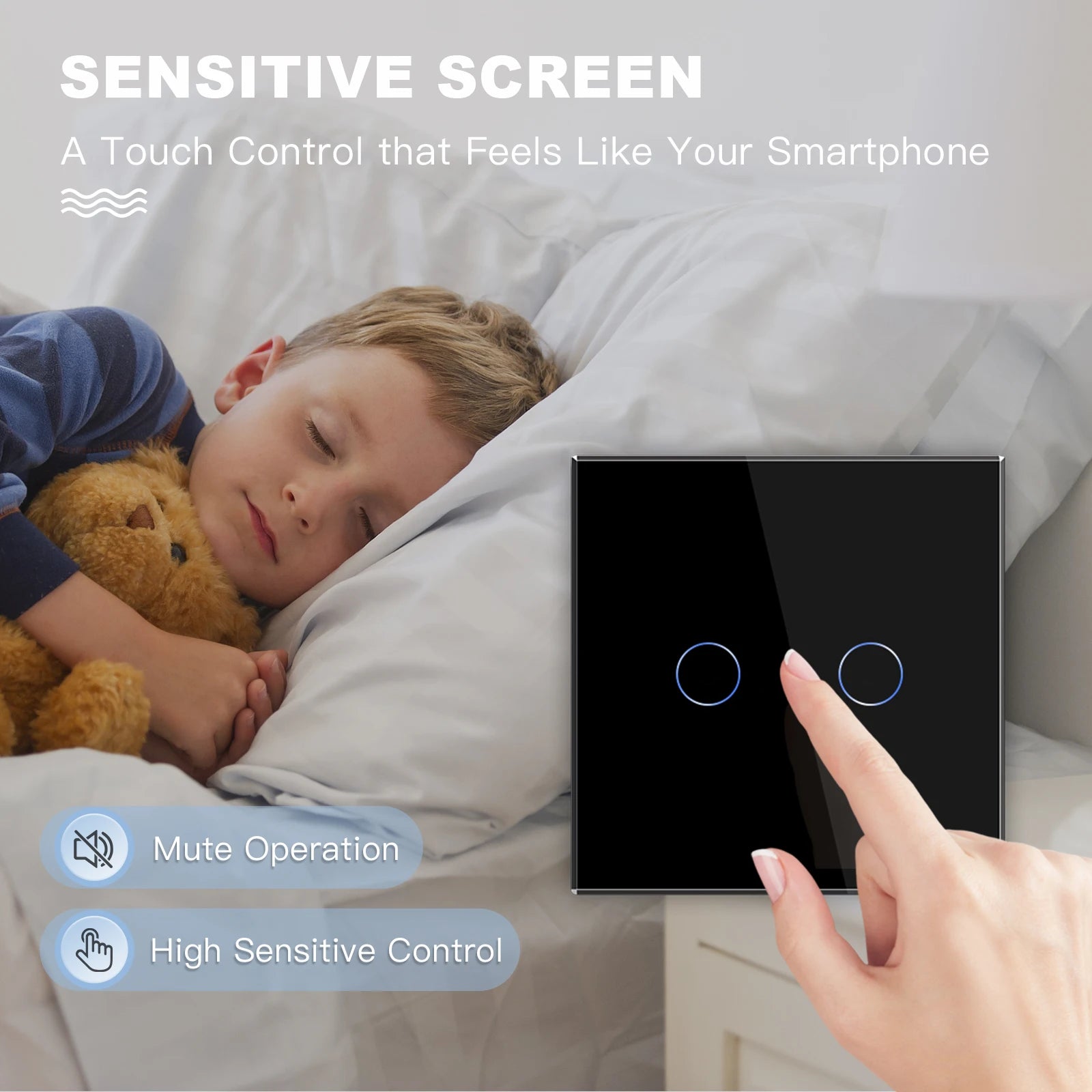 BSEED EU Standard 1/2/3Gang 2Way Wall Touch Switch Light Sensor Switches Wall Socket USB Type-C Crystal Glass Panel 240V Black