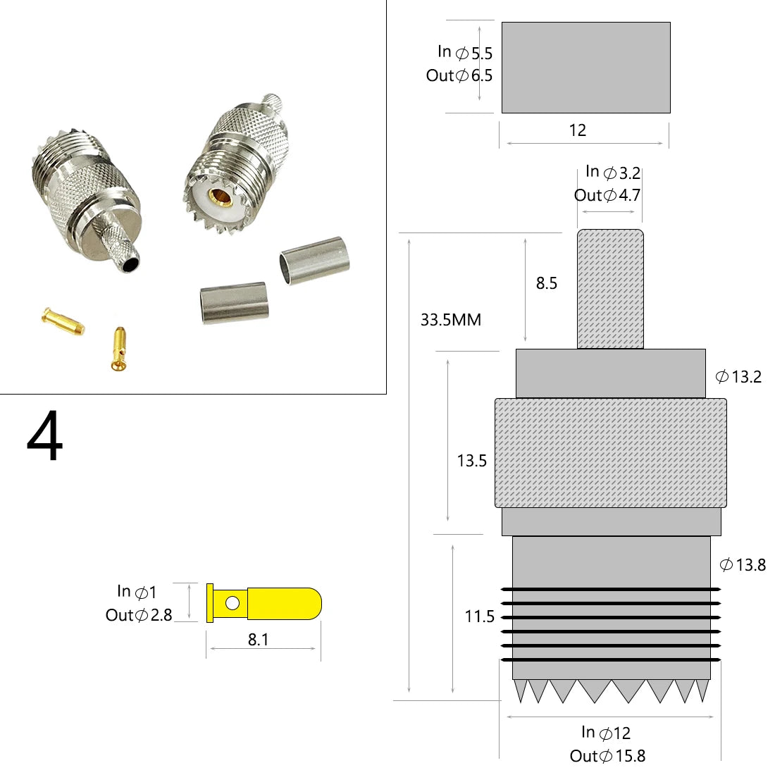 1-4PC UHF Male Female Plug Jack PL259 SO239 RF Coax Connector Crimp RG316 RG174 RG58 RG142 Copper Nickelplated With Drawing