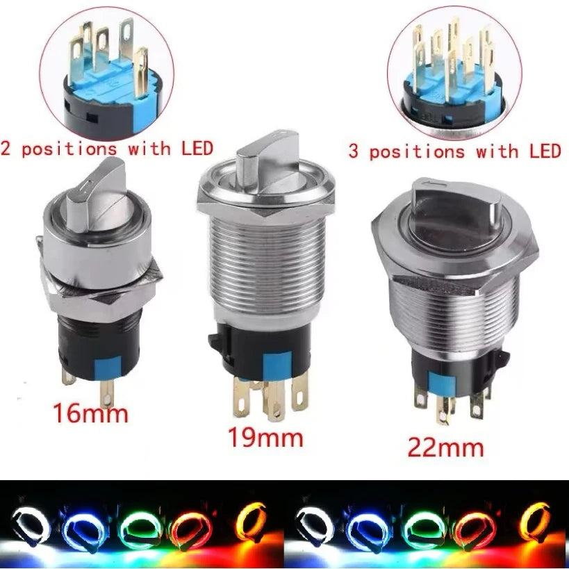 16/19/22mm, Metal Rotary Switch, Selected Toggle Switch With LED 12-24V, 2 Positions / 3 Position Waterproof