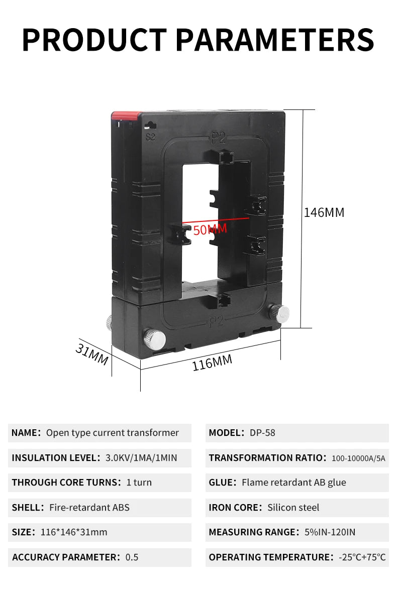 DP58 Current Transformer 50*80mm 400 600 800 1000 2000 5A Open Square Hole Split Core Current Transformer