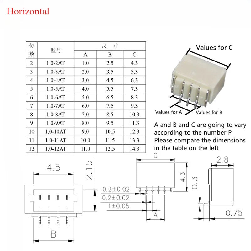 10Set SH1.0 Mm Connector Male Housing 10/20/30cm Wire Cable+Vertical/Horizontal SMD Pitch 2/3/4/5/6/7/8/9/10/12P
