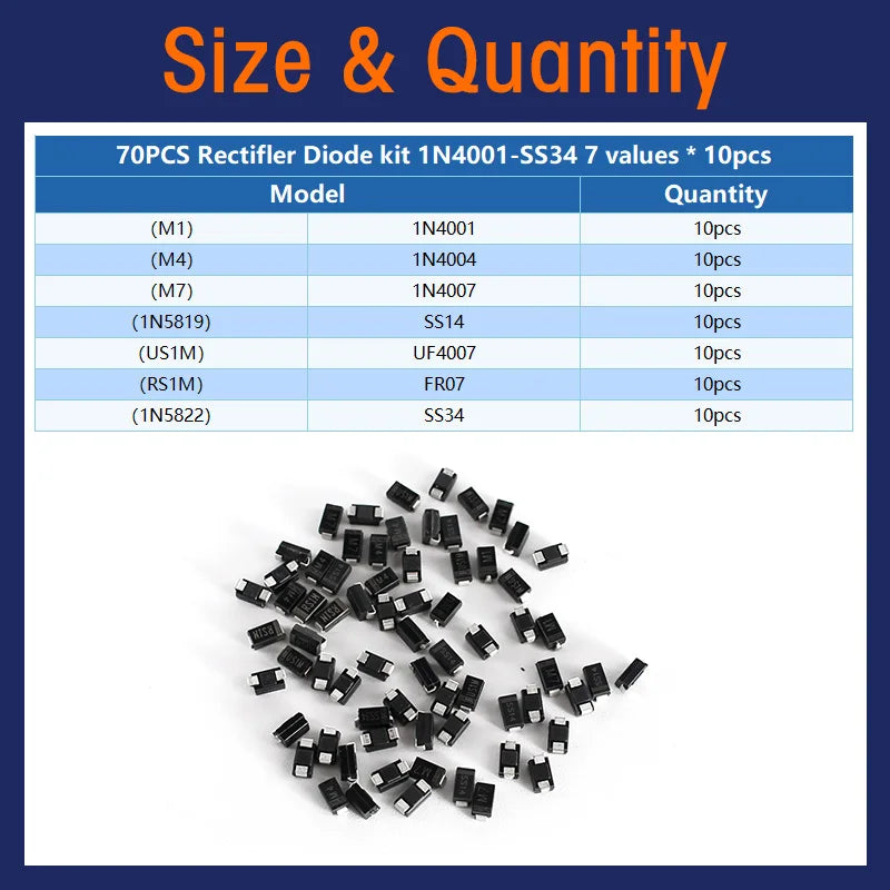 70/90PCS SMD diode 1N4001 1N4004 1N4007 SS14 SS34 SS16 SS36 Schottky diode kit, rectifier diode set M1 M4 M7 SS14 SS34 RS1M US1M
